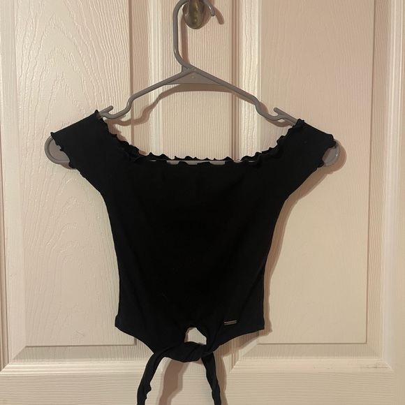 Black Off The Shoulder Crop Top (Lettuce Cut) - Picture 1 of 3